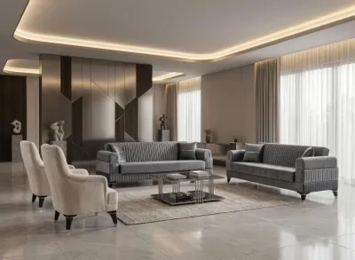 Productafbeelding van Bankstel: 2 x 3-zitsbank, 2 x fauteuil. Modern, grijs, beige, luxe fluweel