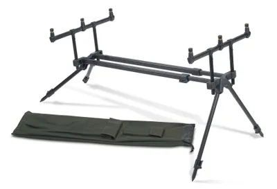 A fishing rod pod and its carrying case are displayed against a white background.