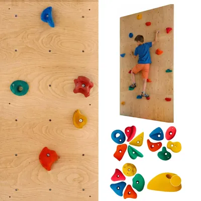 A collage of images showing a climbing wall for children, with a child using it and a collection of climbing holds.