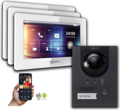 Produktbild von Gegensprechanlage mit Kamera Goliath IP 2-Draht BUS Anthrazit 3-Monitore : 7 Zoll in Weiß : Unterputzdose Monitor Auswahl: 7 Zoll in Weiß Türklingel Montagedose: Unterputzdose