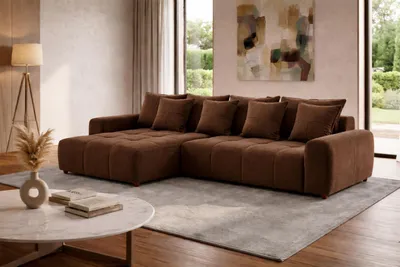 Produktbild von Modernes beiges L-förmiges Ecksofa Stoffsofa mit Kissen Wohnzimmer