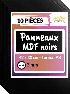 Image de Creative Deco 10 x A3 Panneau MDF Noir 420 x 300 x 3 mm - Planche Bois Brut