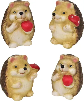 Four ceramic hedgehog figurines, each holding either a red apple or a red mushroom.