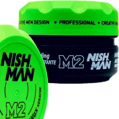 Two containers of Nishman M2 hair styling product are shown, with one in the foreground and another slightly behind and to the right.