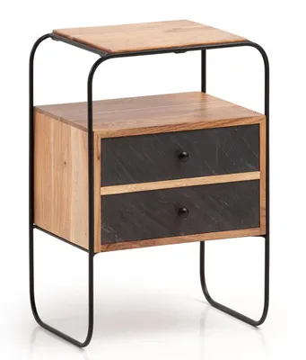 Productafbeelding van WOHNLING nachtkastje, acacia massiefhout / steenlook, 40x60x30 cm. Nachtkastje, geschikt voor boxspringbed, industriële stijl, bruin, met 2 lades