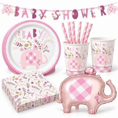 Produktbild von Baby Shower Mädchen rosa Partyset Geburt Babyparty Elefant Party Deko Dekoration