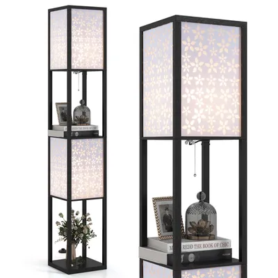Produktbild von COSTWAY 2 flammige Stehlampe 156cm mit Regal, Stehleuchte mit 2 Muster-Lampenschirmen & Fußschalter, Holzregal Lampe, Standleuchte, Blumen