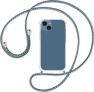 Produktbild von Handykette Backcover-Schutzhülle mit Band (Metall silberfarben) für Apple iPhone 14 (6.1'') - grün/blau/weiß