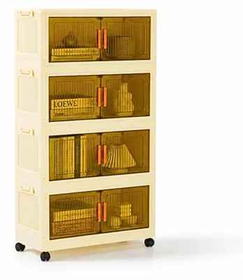 Produktbild von Aufbewahrungsbox EasyCube stapelbar mit 4 Ebenen und Rollen | HxBxT 25,5x60x28 | 38 L pro Ebene | Transparante und magnetische Türen | Weiß-Transparent