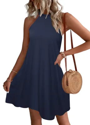 Produktbild von WNEEDU Sommerkleider Damen Kurze Strandkleider Neckholder Ärmelloses A-Linie Fre