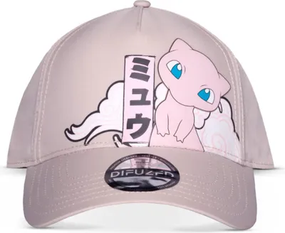 A light pink baseball cap with a Pokémon Mew design and Japanese text.