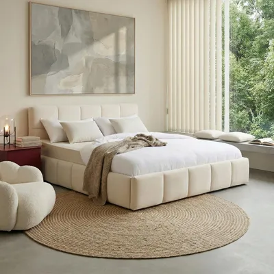 Produktbild von Polsterbett CLOUD gepolstert 180 x 200 cm, Cremeweiß – modernes Doppelbett mit Samt Stoffbezug, inklusive Lattenrost und gepolstertem Kopfteil
