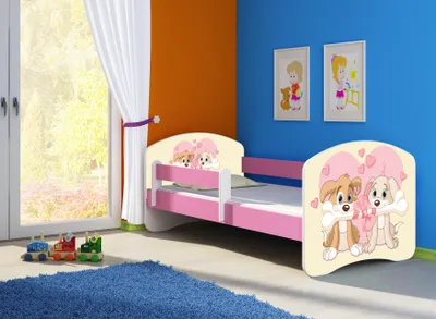 Produktbild von ACMA Jugendbett Kinderbett Junior-Bett Komplett-Set mit Matratze Lattenrost und Rausfallschutz Rosa 12 Welpen 140x70