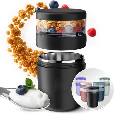 Produktbild von PromoHome® Müslibecher für unterwegs 650 ml – Edelstahl isoliert mit Löffel – Joghurtbecher für Porridge, Müsli & Cornflakes – BPA-frei