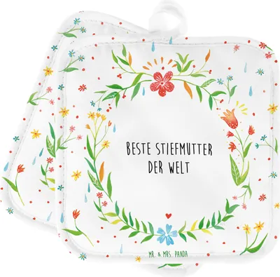 Produktbild von Mr. & Mrs. Panda Topflappen Stiefmutter - Geschenk, Mami, Topfuntersetzer, Mutti, topfhalter, Danke, Sohn, Muttertag, Ofenlappen, Kochlappen, Set