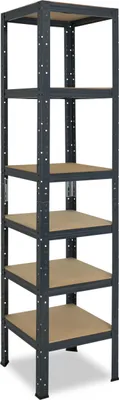 A tall, narrow, five-shelf metal storage unit with wooden shelves, shown against a white background.