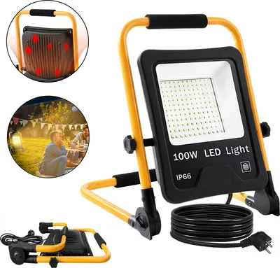 A collage showing a 100W LED work light from multiple angles, including a close-up of its heat dissipation, a lifestyle shot of it illuminating an outdoor gathering, and a folded view.