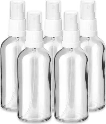 Produktbild von 5x Glasflasche klar 100 ml mit weißem Zerstäuber Sprükopf Pumpspray