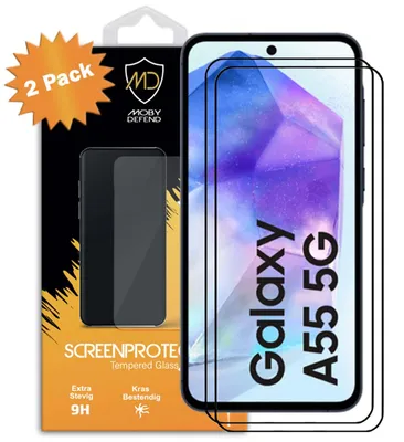 Productafbeelding van 2-Pack MobyDefend Screenprotectors - Geschikt voor  Samsung Galaxy A55  -  Screensavers Met Zwarte Randen - Gehard Glas