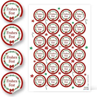 Produktbild von 24 weihnachtliche Aufkleber rund ROT GRÜN weiß FROHES FEST Geschenkaufkleber Text 4 cm Verpackung Weihnachtsgeschenke96 Aufkleber / 4 Bögen