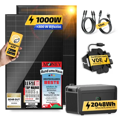 Produktbild von Balkonkraftwerk mit Speicher, 1000W/800W Solaranlage Steckerfertig WIFI Komplettset Photovoltaik Anlage 800W, Kabellänge: 10m, Solakon