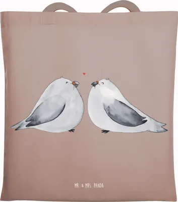 Produktbild von Mr. & Mrs. Panda Shopping Tasche Turteltauben Liebe - Braun Pastell - Geschenk, Schultasche, Einkaufstasche, Pärchen, Uni, Hochzeit, Laptoptasche, Hochzeitstag, Paar