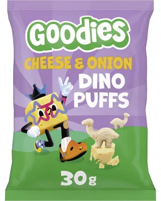 Immagine prodotto di Goodies Snack Dino Puffs Formaggio E Cipolla, 30g, senza glutine, per bambini dai 3 anni in su