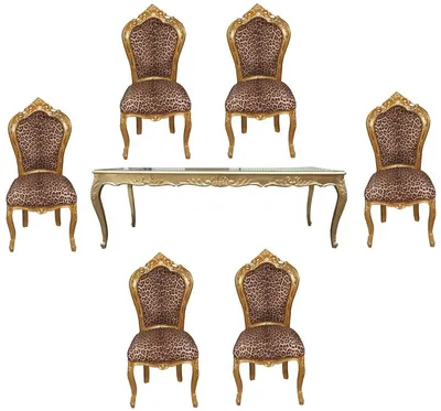 Produktbild von Casa Padrino Barock Esszimmer Set Leopard/Gold - Esstisch + 6 Stühle ohne Armlehnen