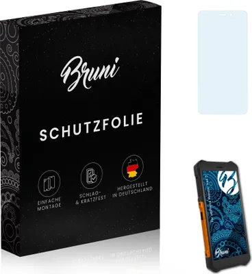 A product box for screen protectors, a screen protector, and a phone case with a phone inside.