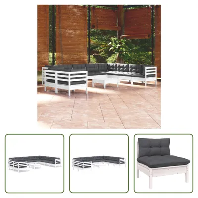 Produktbild von The Living Store 11-tlg. Garten-Lounge-Set mit Kissen Weiß Massivholz Kiefer