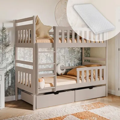 Image de Lit superposé pour enfants, lit de 90x200 cm | Avec 2 matelas et tiroirs, échelle verticale & sécurité anti-chute | Lit superposé peu encombrant pour la chambre d'enfant | 97x208x171 cm (lxpxh) | Cachemire