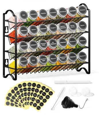 Produktbild von Gewürzregal-Set mit 28 Gewürzgläsern und 120 Etiketten – Gewürzorganizer für Küche und Schrank – Wandmontiertes oder freistehendes Gewürzregal – Komplettes Gewürzaufbewahrungssystem (Schwarz)