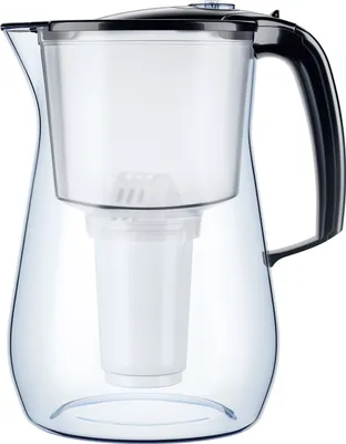A clear studio shot of a water filter pitcher.