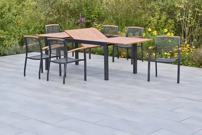 Produktbild von Merxx Gartenmöbel Set Tilos 7tlg., 6 Stapelsessel, Ausziehtisch 180 (250) x 100 cm- Aluminium/Akazie