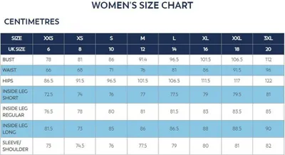 A women's size chart in centimeters.