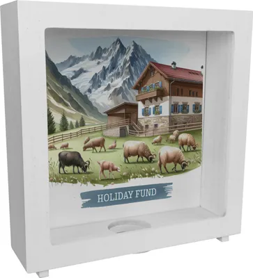 Produktbild von Urlaub auf dem Bauernhof Urlaubskasse Rahmen Spardose aus Holz mit Spruch
