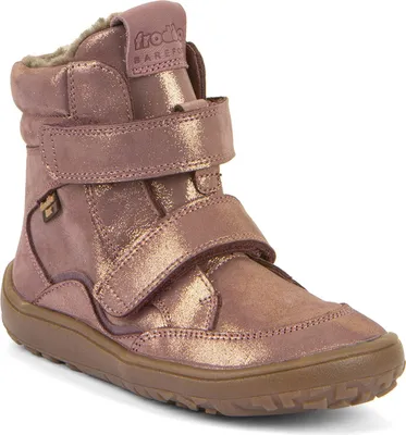 A single pink and gold winter boot for children.