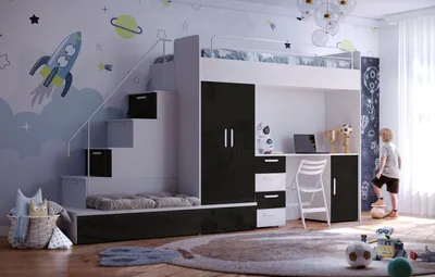 Produktbild von Etagenbett FELIX 5, Hochglanz Kinderbett, Hochbett, MIT Matratze und Lattenrost (Weiß+ Schwarz, Glanz)