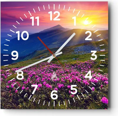 Produktbild von Wanduhr - Quadrat - Glasuhr - Wiese Berge Landschaft - 30x30cm - Schleichendes Uhrwerk - Lautlos - zum Aufhängen bereit - Dekoration Modern - Wanddekoration aus Glas - C4AC30x30-2676