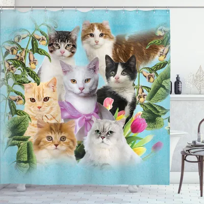 Produktbild von ABAKUHAUS Katzenliebhaber Duschvorhang, Abstrakte Komposition von Hauskatzen Katzenartige Haus Haustiere mit Blooming Zusammensetzung, 175 x 240 cm, Mehrfarbig