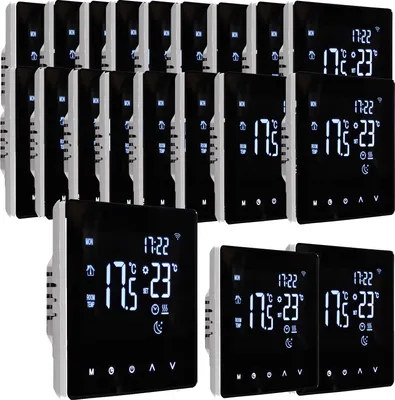 A group of digital thermostats arranged in rows on a white background.