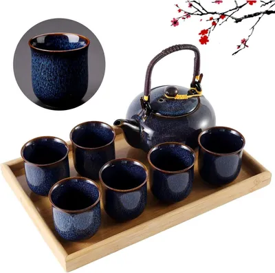 Image de Service à thé japonais en porcelaine bleu foncé 700 ml & 6 tasses à thé 120 ml