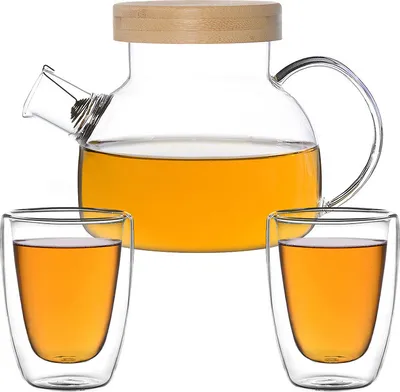 Produktbild von Kira Teeset / Teeservice / Teekanne Glas 900ml mit Tüllensieb, Bambusdeckel und 2 doppelwandige Teegläser je 200ml