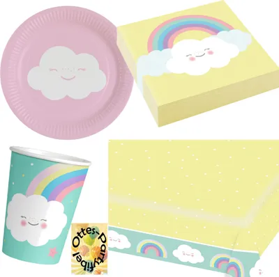 Produktbild von Regenbogen-Rainbow-Party-Set 37tlg. für 8 Gäste Teller Becher Servietten Tischdecke