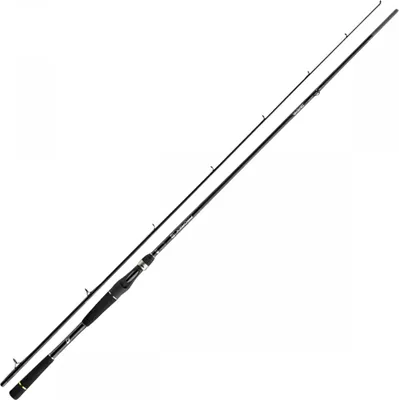 A black fishing rod is shown against a white background.