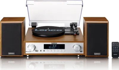 A Lenco HiFi stereo system with a turntable, speakers, and remote control, displayed against a white background.