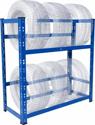 Obrázok produktu pre Stojan na pneumatiky Relaxdays pre 4–6 kolies, rozmery (V x Š x H): 100 x 85 x 35 cm, nosnosť 150 kg na každú úroveň, stojan na kolesá, systém na zasúvanie, oceľ, modrý