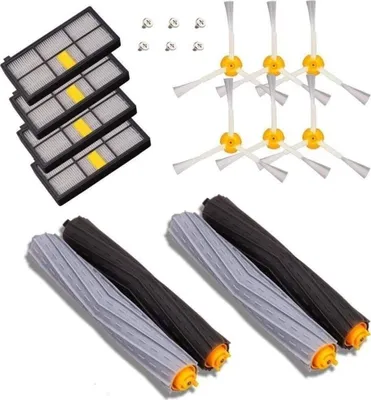 A collection of replacement parts for a robot vacuum cleaner, including filters, side brushes, and main brushes, laid out on a white background.