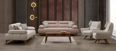Productafbeelding van Moderne, beige stoffen bankstel van hout met een stijlvol design