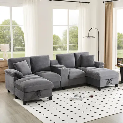 Produktbild von okwish Modulares Polstermöbel Chaiselongue mit Schlaffuktion und zwei USB-Anschlüssen,Relaxsofa Loungesofa Ecksofa mit Getränkehaltern und Kissen,Beige